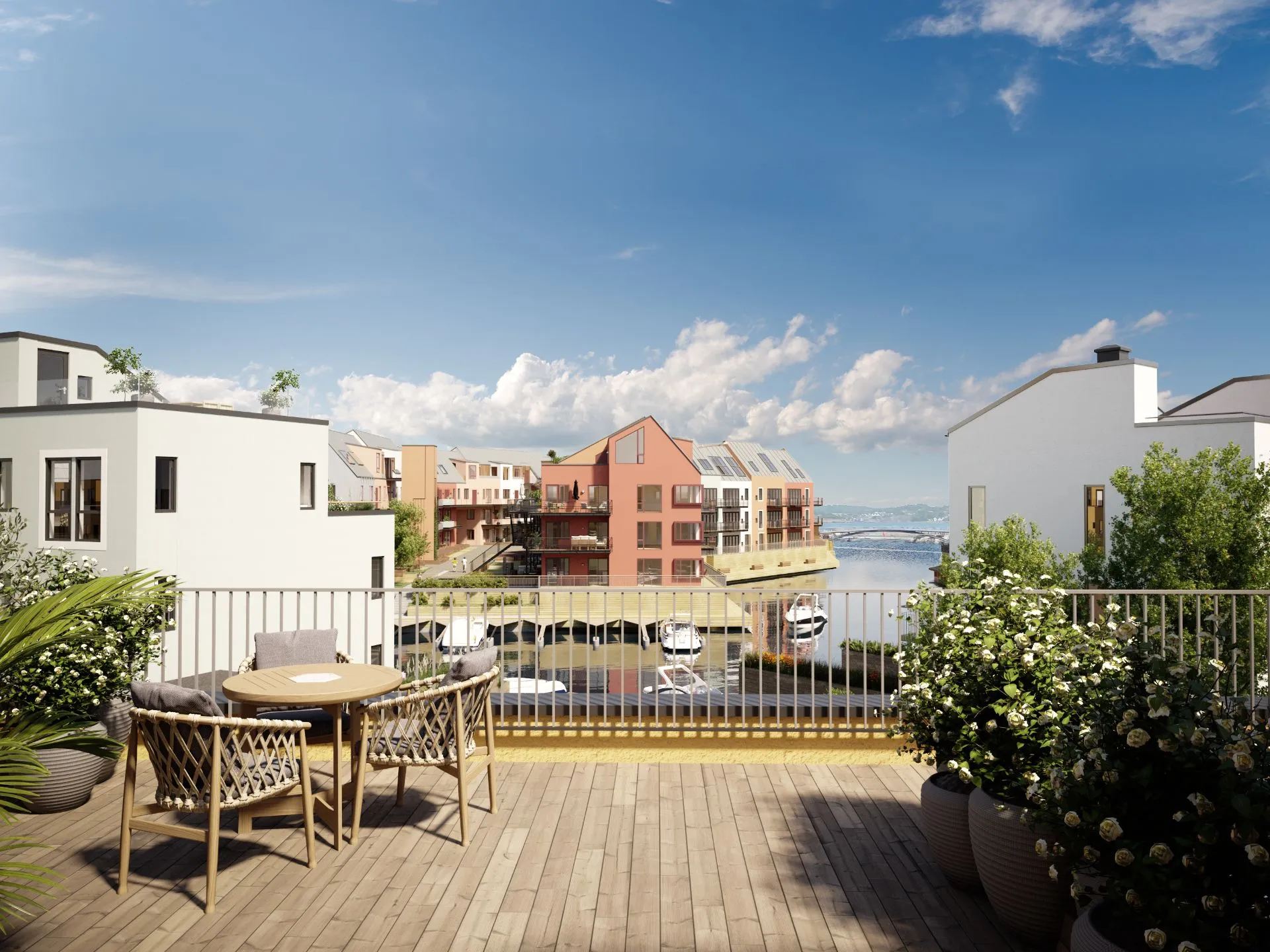 Illustrasjon av terrasse med spisegruppe og utsikt